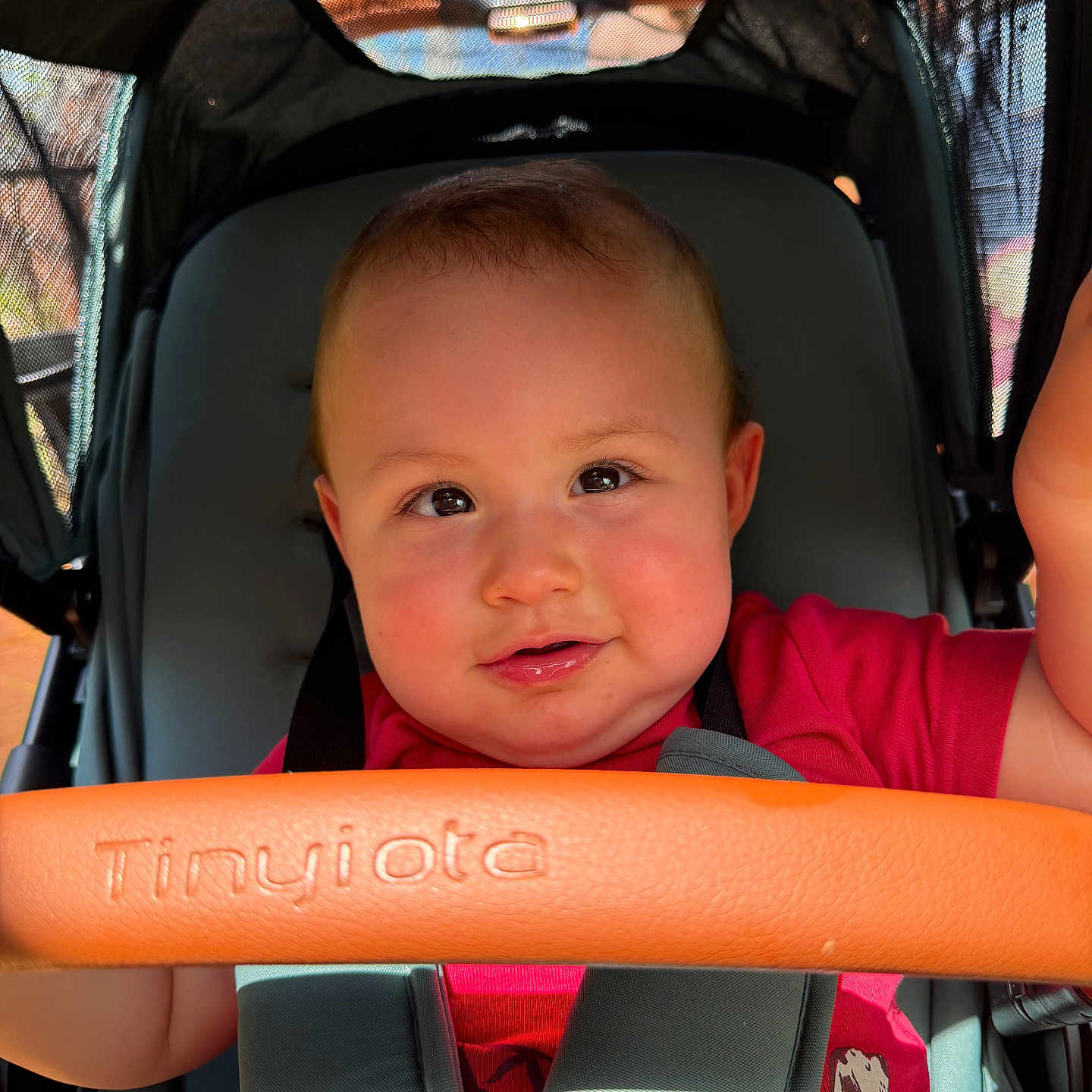 Isaiah is registered to the contest to win money with this photo: baby, child, stroller, portrait, smiling, face, outdoor, sunlight, pink_clothing, safety_harness, seated, infant, close_up, vehicle, canopy, orange_bar, playful, eyes, cheeks, family_outing