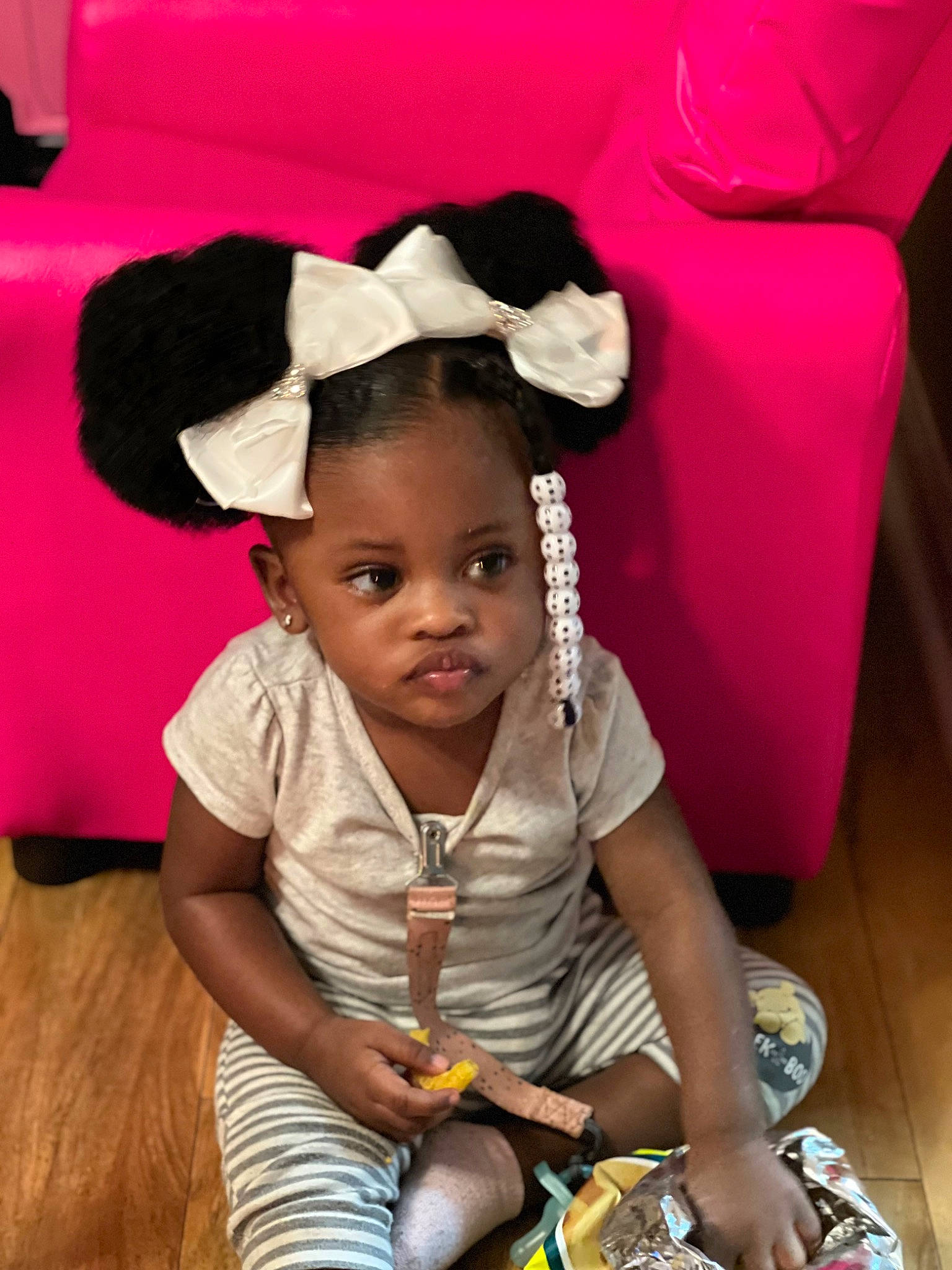 Gianna joined the competition — help win amazing prizes! baby, baby_toddler_clothing, beauty, child, comfort, costume_hat, event, fashion_accessory, fun, hairstyle, happy, headband, jewellery, magenta, person, pink, purple, sitting, smile, toddler