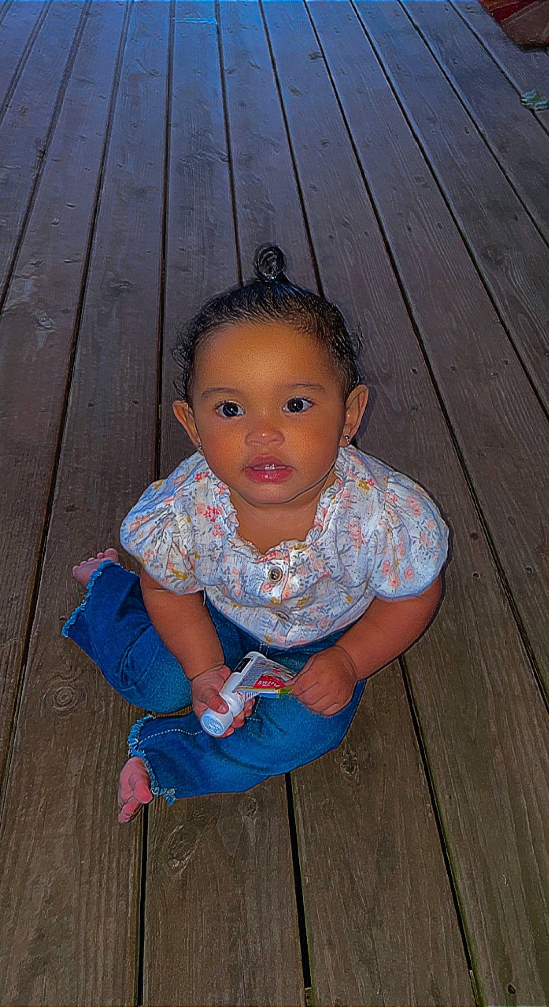 Avianna joined the competition — help win amazing prizes! baby, baby_toddler_clothing, cheek, child, electric_blue, eyelash, floor, flooring, fun, happy, hardwood, iris, nose, pattern, person, sitting, skin, sleeve, toddler, wood