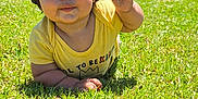 Rudy is registered to the contest to win money with this photo: baby, child, grass, outdoor, sunlight, yellow_shirt, drool, curious, face, head, greenery, summer, lying_down, nature, fence, palm_tree, skin, person, cute, portrait