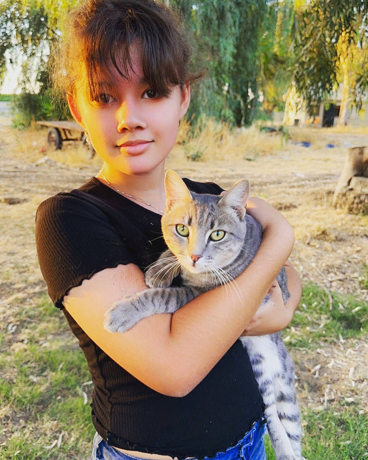 Destiny joined the competition — help win amazing prizes! belt, carnivore, cat, clothing, domestic_short_haired_cat, eyewear, fawn, felidae, fur, grass, happy, joy, person, plant, sitting, small_to_medium_sized_cats, soil, terrestrial_animal, tree, whiskers