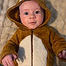 baby, infant, onesie, costume, reindeer, hood, blanket, cute, soft, child, portrait, indoor, clothing, young, face, expression, person, babywear, cozy, warm