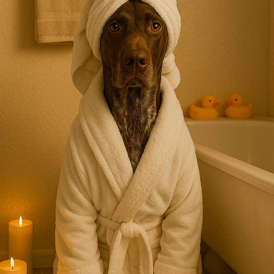 Hank is registered to the contest to win money with this photo: animal, bathrobe, bathroom, bathtub, brown_dog, calm, candles, cozy, cute, decor, dog, indoor, pet, portrait, relaxation, rubber_ducks, spa, tile_floor, towel, towel_rack