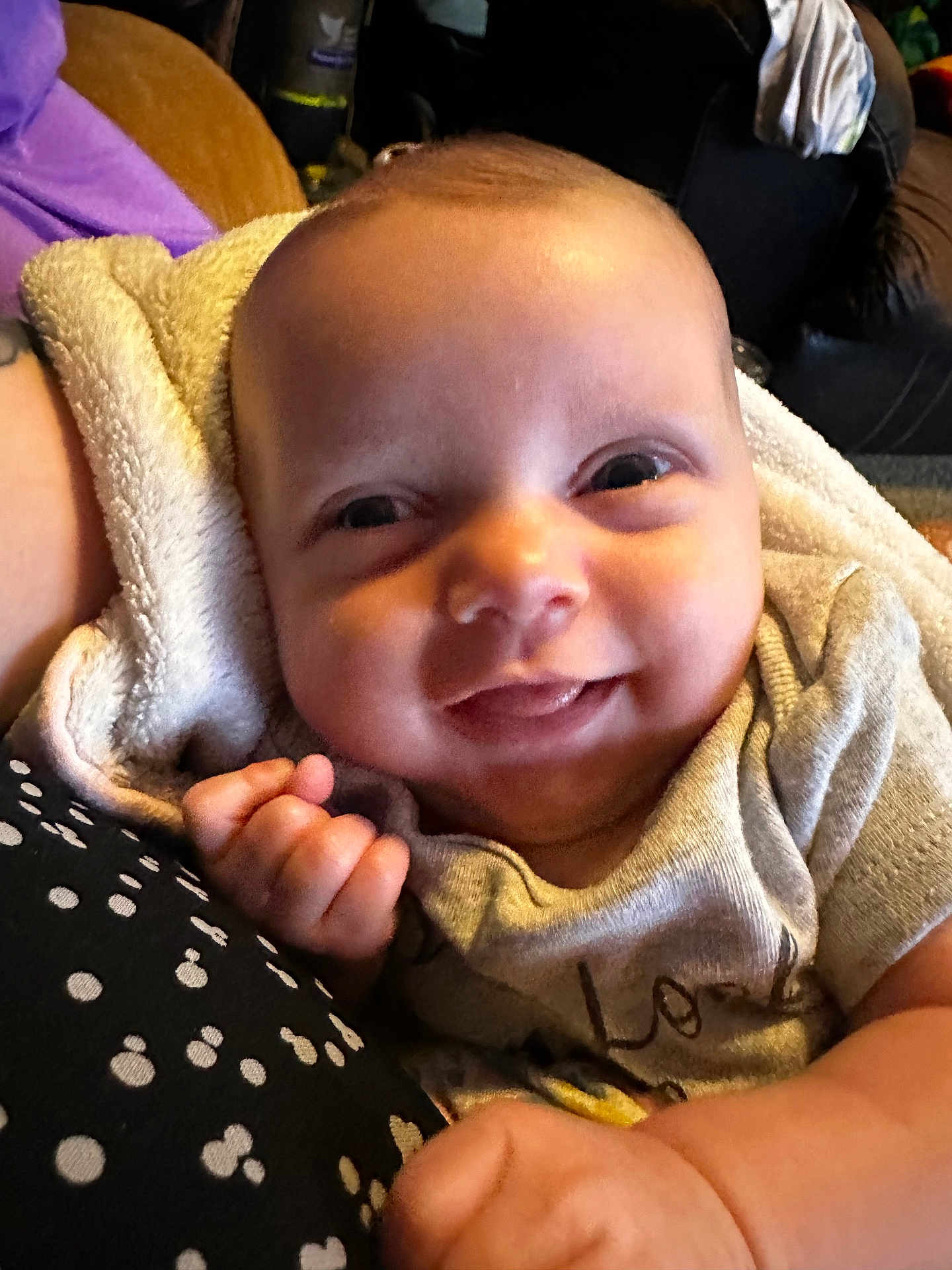 Rylinn joined the competition — help win amazing prizes! baby, blanket, child, close_up, clothing, couch, cozy, cute, expression, face, hand, happy, indoor, infant, person, portrait, skin, smiling, towel, young