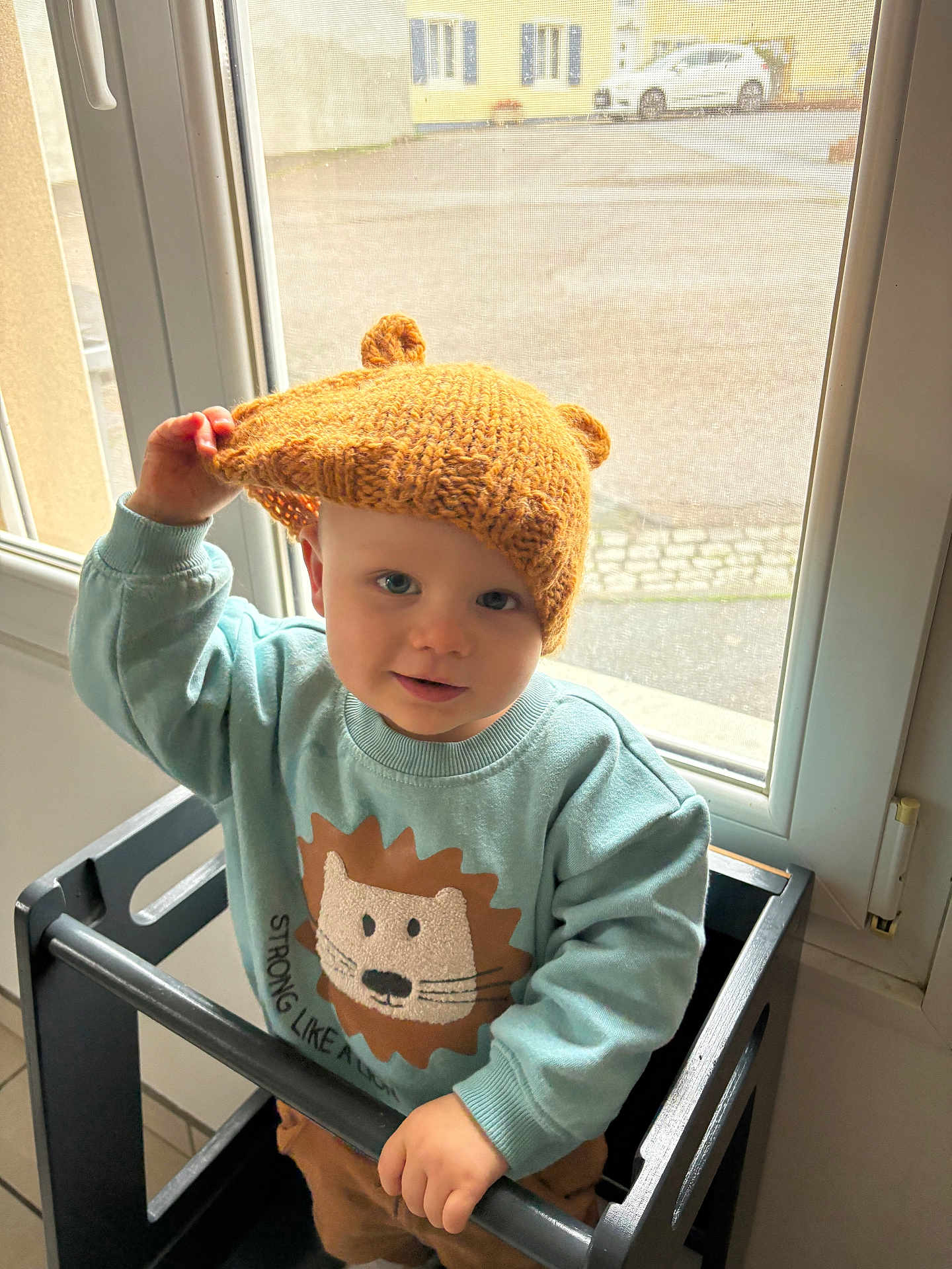 Hugo a rejoint le concours — aidez-le/la à gagner de superbes lots ! toddler, child, knitted_hat, bear_ears, sweater, lion_graphic, high_chair, indoor, window, curious, cute, light, baby, clothing, smiling, portrait, person, young_child, face, hand