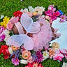 baby, infant, fairy_wings, pink_tutu, headband, flowers, grass, mirror, reflection, milestone_sign, colorful, outdoor, nature, peaceful, cute, soft, newborn, celebration, spring, portrait