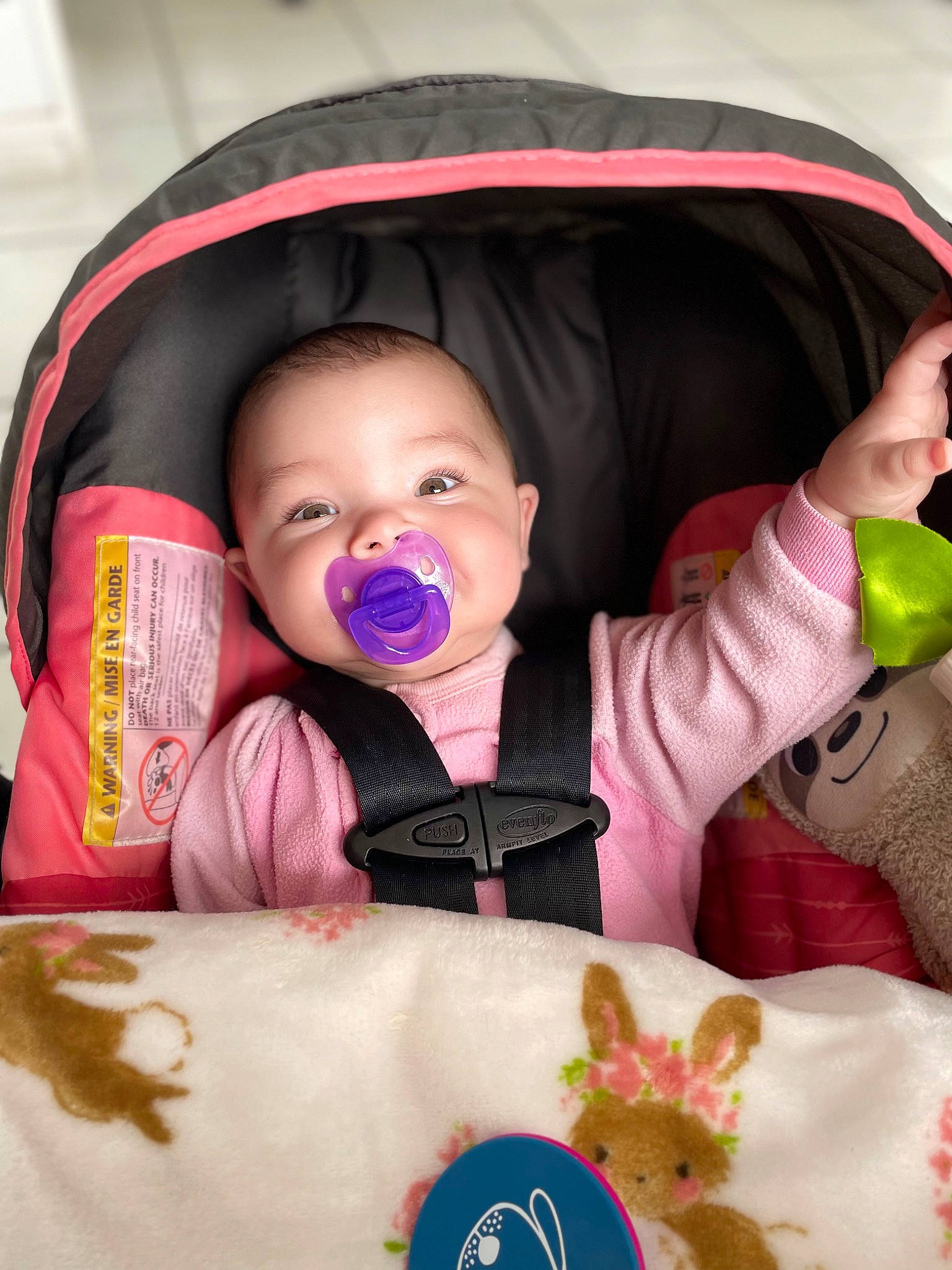 Emberlynn joined the competition — help win amazing prizes! baby, baby_carriage, baby_products, baby_toddler_clothing, car_seat, cheek, child, comfort, facial_expression, finger, fun, happy, mouth, organ, outerwear, person, pink, skin, sleeve, tableware