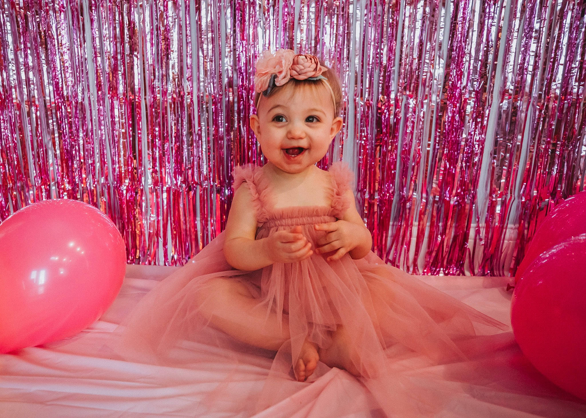 Makenna joined the competition — help win amazing prizes! baby_toddler_clothing, balloon, beauty, child, curtain, dress, facial_expression, fun, happy, headpiece, human_body, leg, magenta, party_supply, person, pink, purple, smile, textile, thigh