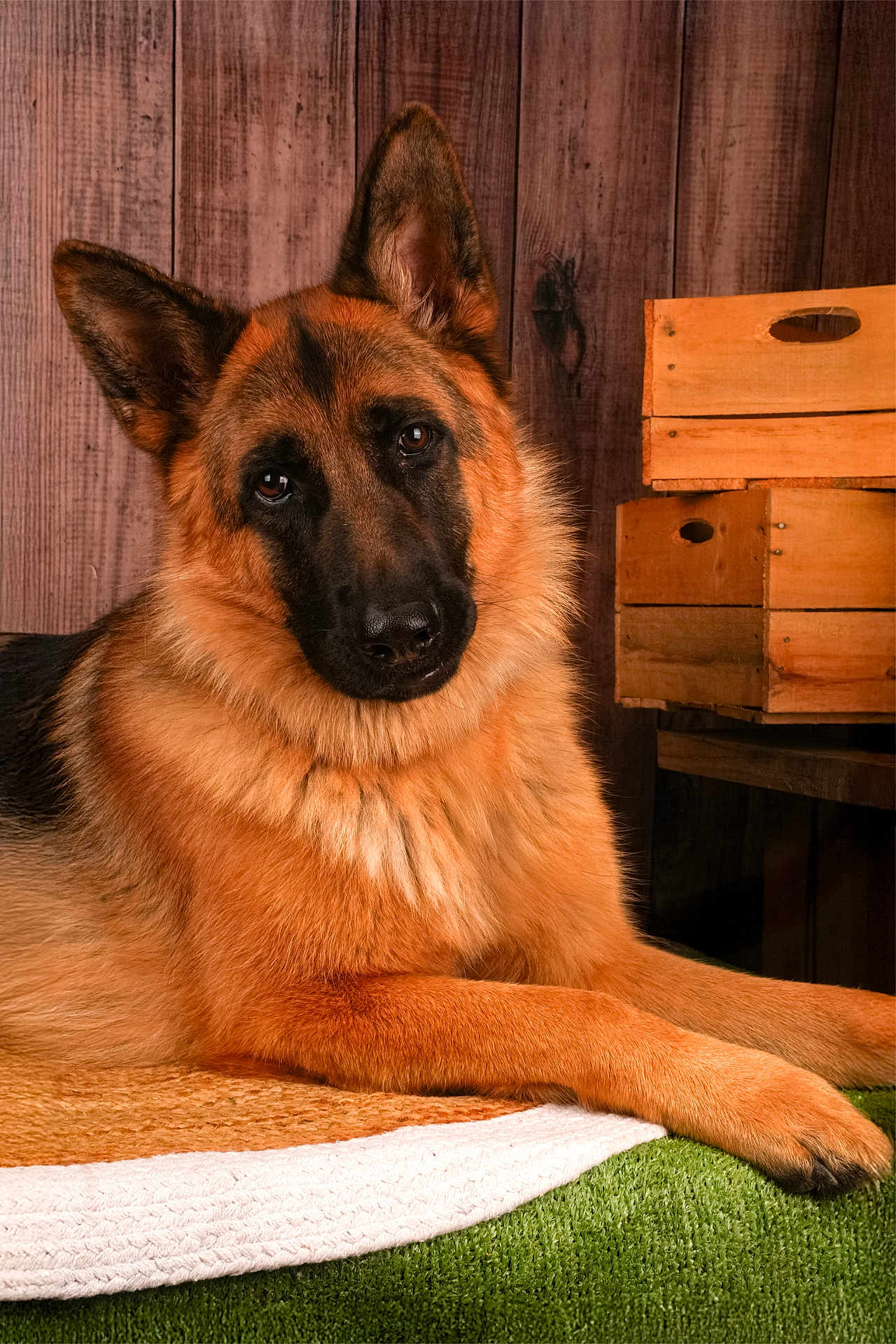 Utah participe au concours pour gagner de l'argent avec cette photo : german_shepherd, dog, pet, animal, canine, fur, ears, portrait, looking, lying_down, indoor, wooden_background, crate, cozy, carpet, resting, close_up, mammal, domestic_animal, household_pet
