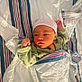 baby, newborn, infant, blanket, hospital, hat, clothing, lying_down, striped, green_onesie, cute, face, skin, sleepwear, bed, comfort, child, portrait, newborn_hat, swaddled