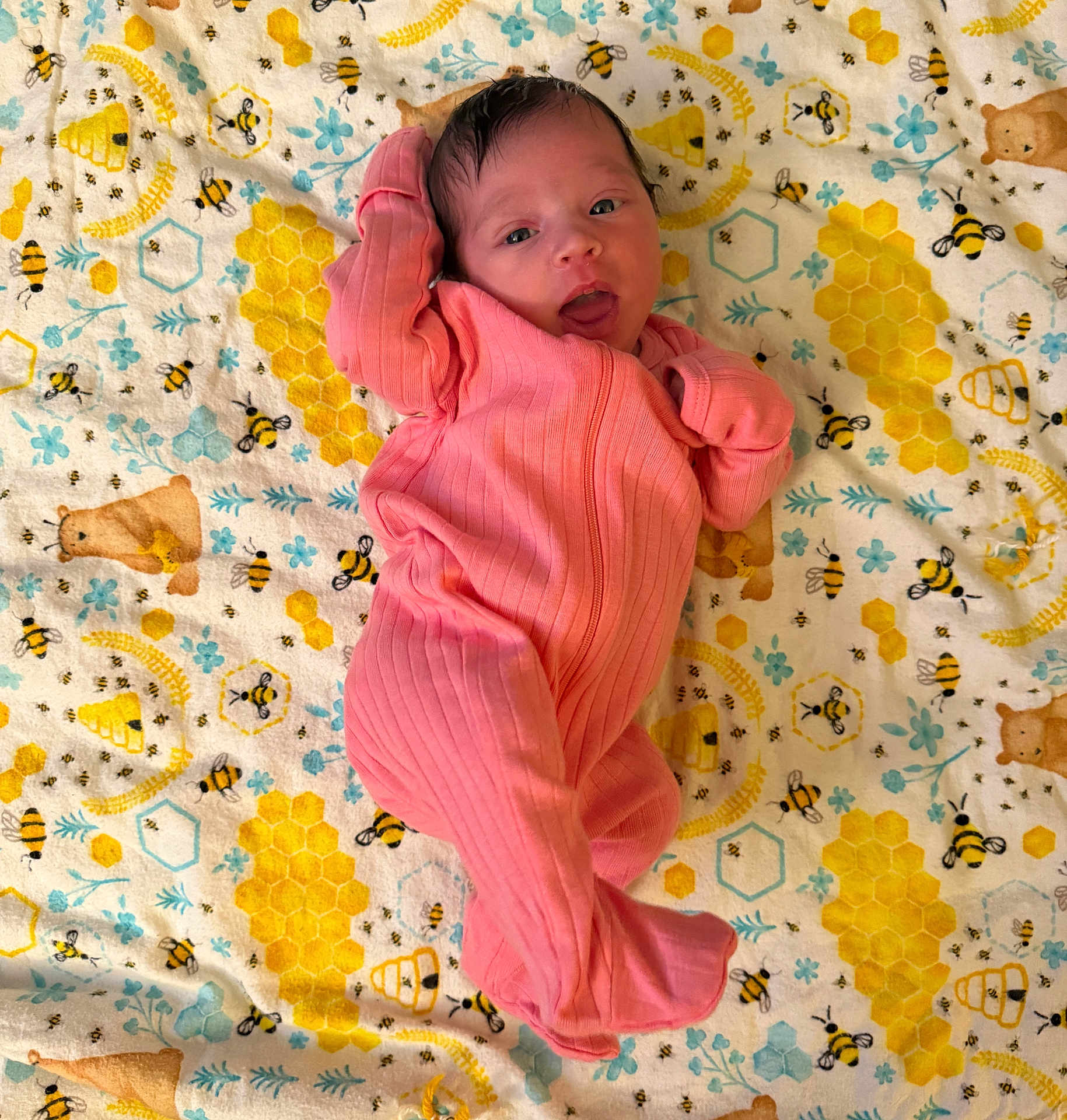 Jasmine joined the competition — help win amazing prizes! baby, newborn, infant, blanket, pink_sleeper, bee_pattern, honeycomb, teddy_bear, floral, lying_down, open_mouth, baby_hair, one_person, cozy, soft_texture, footed_pajamas, portrait, cute, gaze_upward, nursery