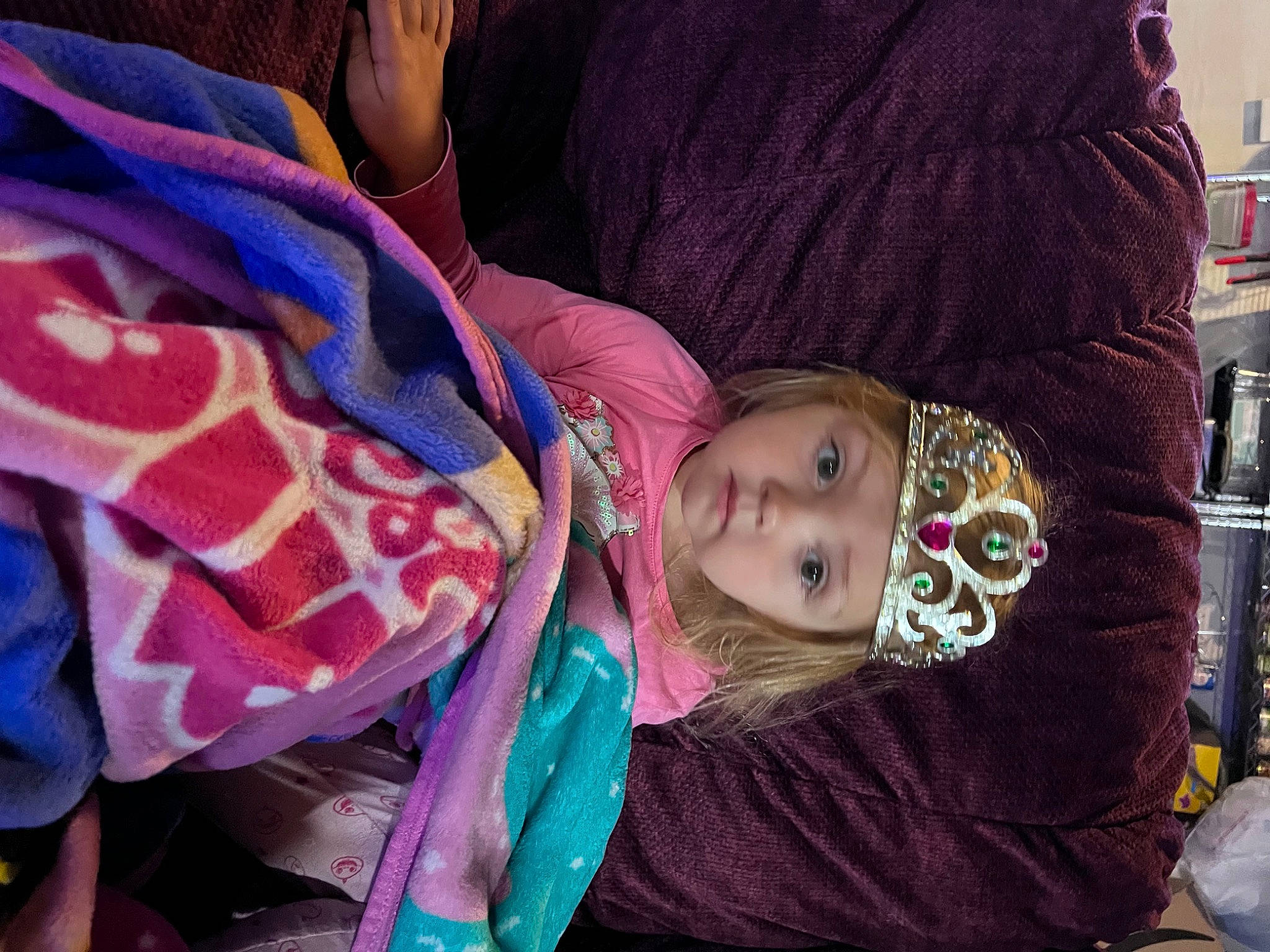 Hadassah joined the competition — help win amazing prizes! baby, child, comfort, electric_blue, fun, headwear, magenta, pattern, person, purple, shelf, sitting, textile, toddler, tree