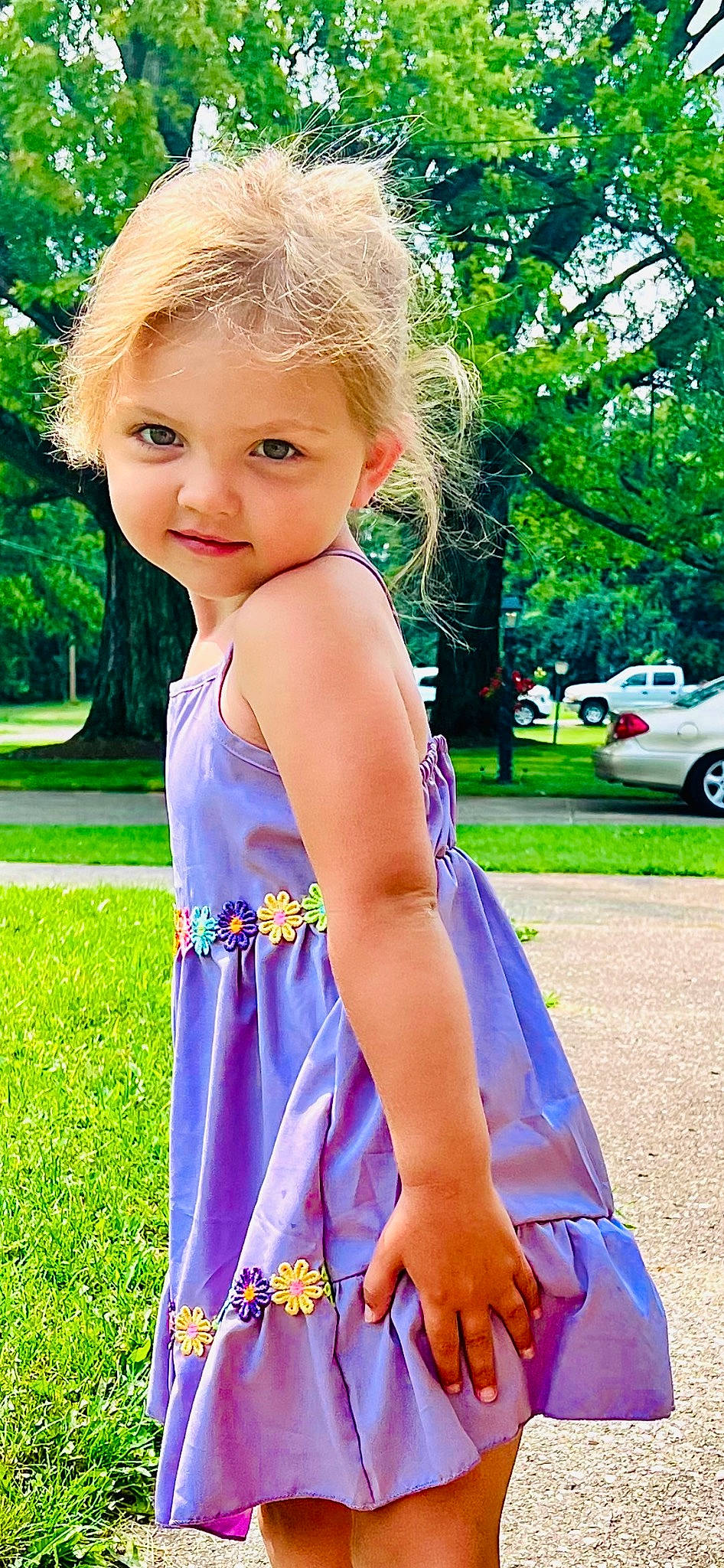 Hadassah joined the competition — help win amazing prizes! baby_toddler_clothing, blue, child, day_dress, electric_blue, eye, facial_expression, grass, green, hairstyle, happy, leisure, people_in_nature, person, sleeve, smile, summer, tire, toddler, tree