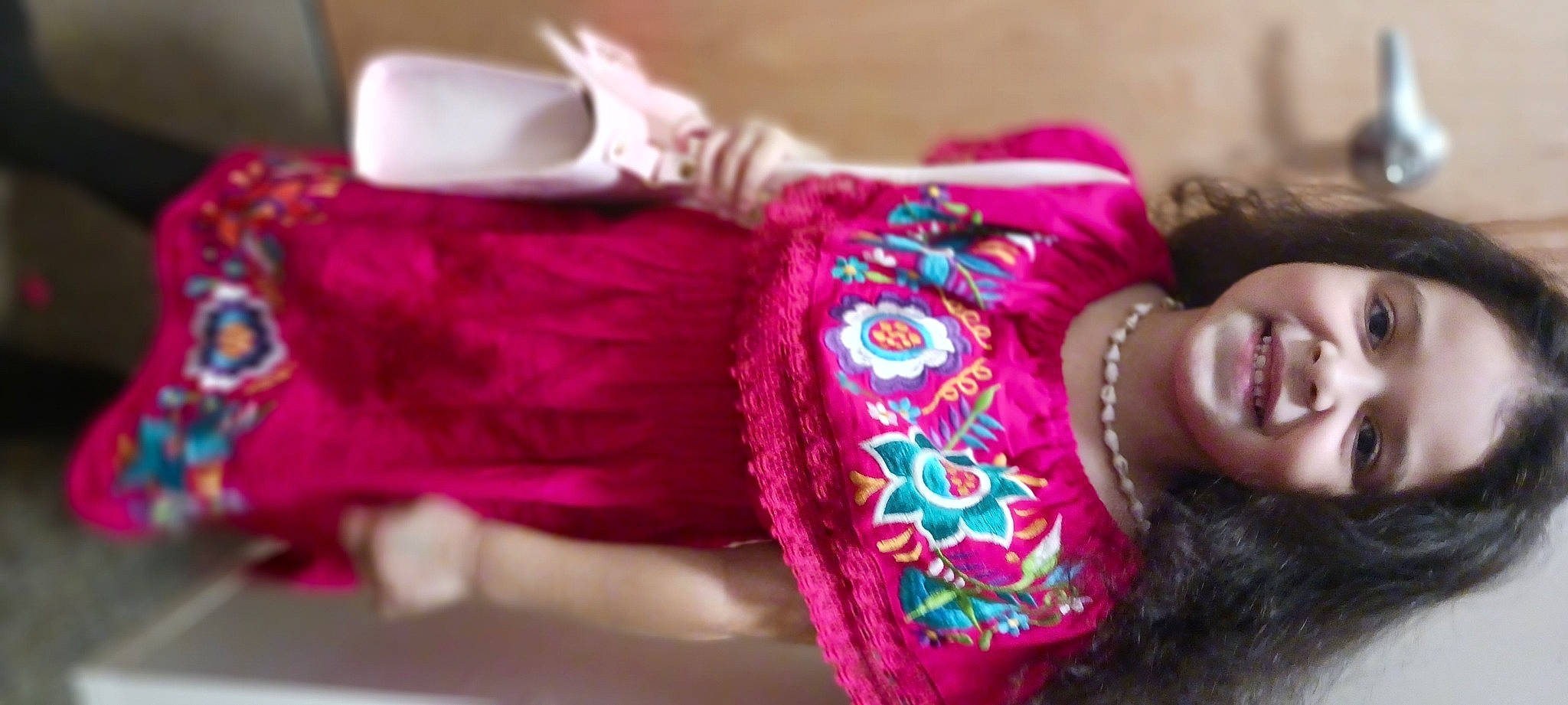 Mariana joined the competition — help win amazing prizes! abdomen, child, eyelash, fashion_accessory, fun, happy, human_leg, jewellery, joy, magenta, neck, pattern, person, pink, purple, skin, sleeve, smile, t_shirt, textile