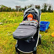 Cobe is registered to the contest to win money with this photo: autumn, baby, blanket, child, cloudy_sky, cozy, fall, field, grass, greenery, nature, orange_hat, outdoor, pacifier, park, person, pumpkin, stroller, toy, wheel