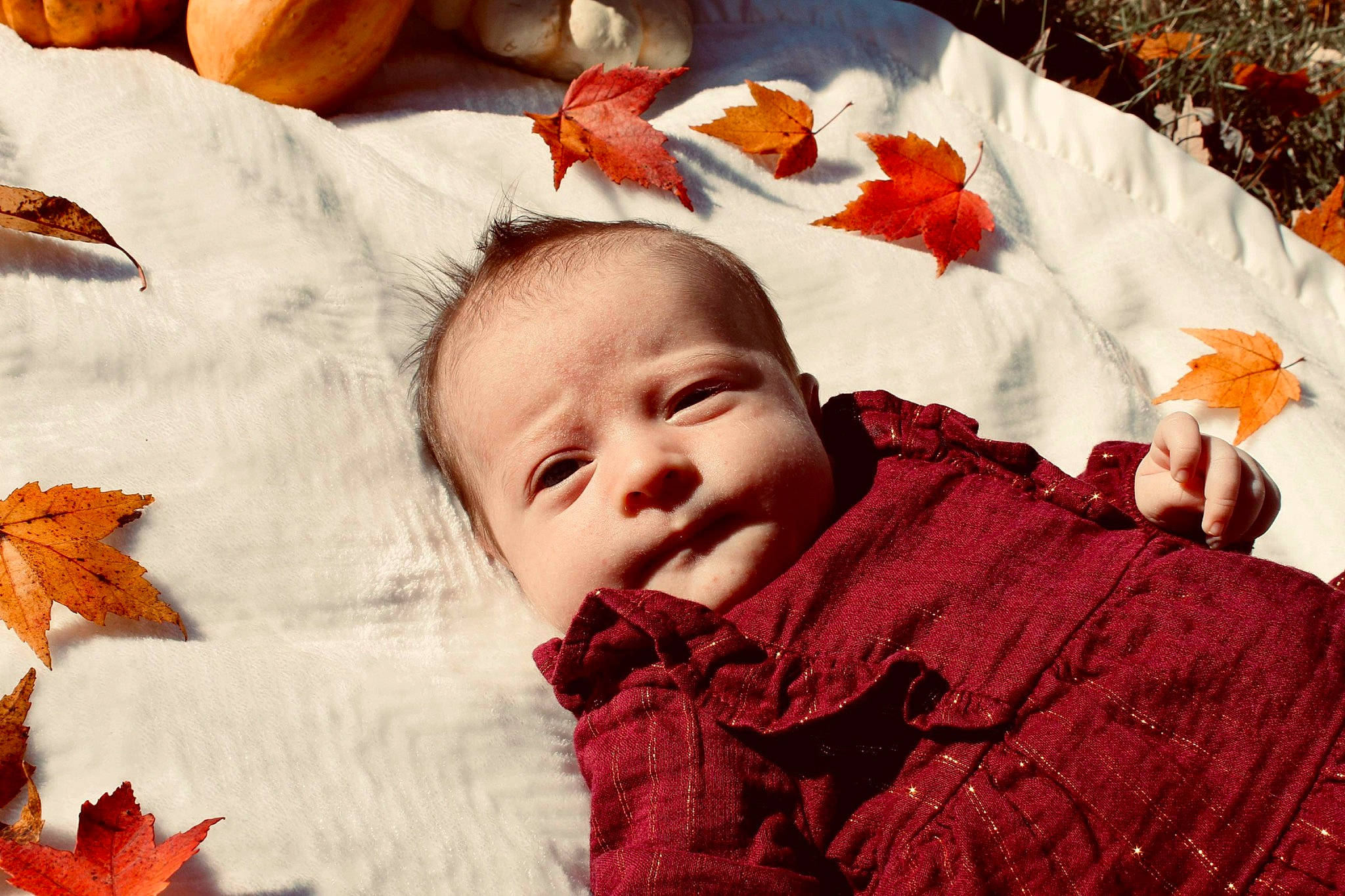 Emerson joined the competition — help win amazing prizes! baby, baby_toddler_clothing, cheek, child, comfort, fur, grass, happy, linens, orange, pattern, people_in_nature, person, plant, room, smile, textile, toddler, winter, wood