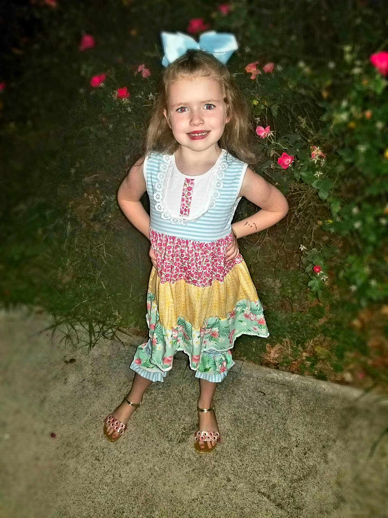 Addie is registered to the contest to win money with this photo: child, child_model, clothing, dress, fun, joy, pattern, person, pink, play, smile, toddler