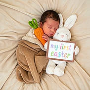 Giulia participe au concours pour gagner de l'argent avec cette photo : newborn, baby, sleeping, blanket, brown_blanket, crocheted_carrot, stuffed_bunny, sign, my_first_easter, soft_texture, beige_background, cute, holiday, easter, infant, child, wrapped, cozy, toy, resting