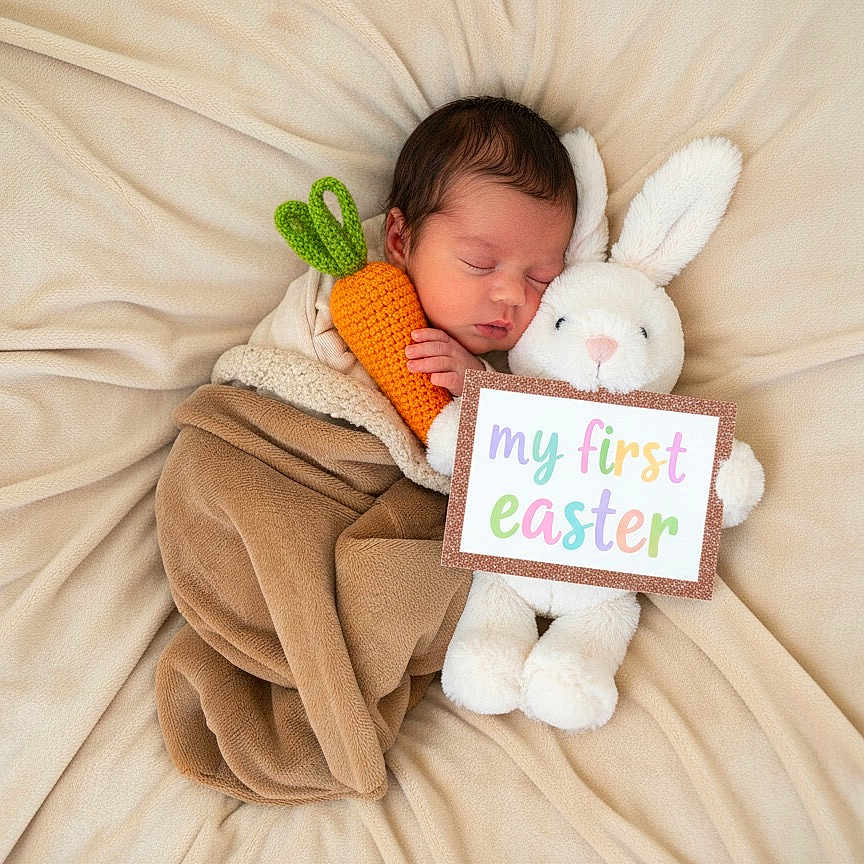 Giulia participe au concours pour gagner de l'argent avec cette photo : newborn, baby, sleeping, blanket, brown_blanket, crocheted_carrot, stuffed_bunny, sign, my_first_easter, soft_texture, beige_background, cute, holiday, easter, infant, child, wrapped, cozy, toy, resting