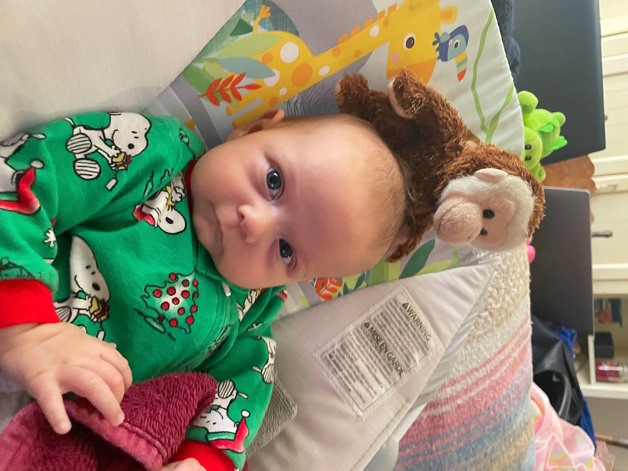 Sarah is registered to the contest to win money with this photo: baby, baby_products, baby_toddler_clothing, baby_toys, carmine, cheek, child, christmas, christmas_eve, event, happy, head, holiday, linens, mammal, person, sleeve, stuffed_toy, textile, toddler