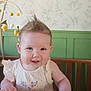 baby, child, crib, smiling, hair, mohawk, nursery, wallpaper, mobile, wooden, hand, face, infant, cute, indoor, person, clothing, sleeveless, happy, portrait