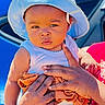 baby, child, hat, sun_hat, white_clothing, adult_hand, person, outdoor, car, blue_car, red_shirt, skin, portrait, holding, summer, sunlight, expression, cute, infant, people