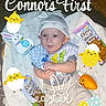 Connor is registered to the contest to win money with this photo: baby, infant, child, blanket, hat, striped_pants, easter, easter_eggs, easter_chicks, snacks, smiling, lying_down, white_blanket, carpet, cute, baby_bib, toy, celebration, holiday, indoors