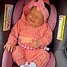newborn, baby, sleeping, infant, car_seat, pink, coral, bow, hat, outfit, socks, blanket, portrait, face, closed_eyes, resting, indoors, vehicle, child, photograph