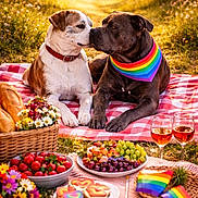 Blue And Archie joined the competition — help win amazing prizes! basket, blanket, celebration, cookies, dog, flowers, food, friendship, fruit, grapes, grass, love, nature, outdoor, picnic, rainbow_bandana, strawberries, summer, sunlight, wine_glasses