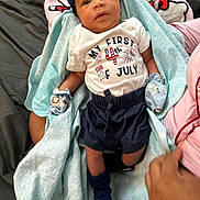 Kayson joined the competition — help win amazing prizes! baby, infant, blanket, mittens, hat, clothing, person, hand, blue, white, navy_blue, animal_print, celebration, 4th_of_july, patriotic, laying_down, cute, portrait, indoors, toddler