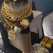 Sir Kittems Mcmeow joined the competition — help win amazing prizes! cat, tabby, cat_tree, jewelry, crown, sunglasses, gold_chain, watch, dollar_sign, stack_of_cash, gold_bars, indoor, pet, whiskers, paws, bling, accessory, portrait, luxury, funny