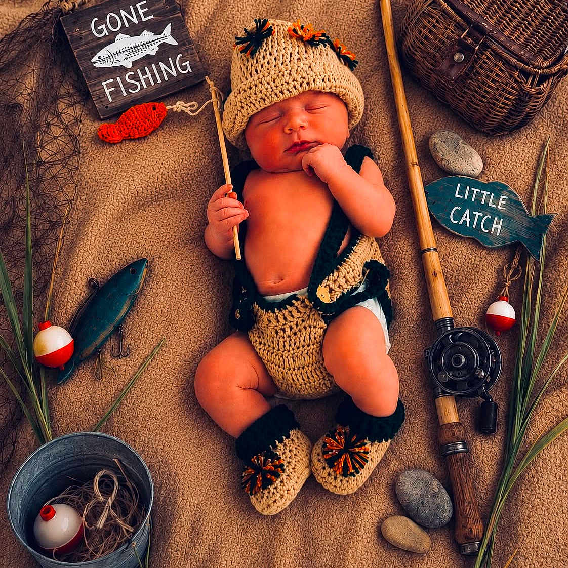 Tatum is registered to the contest to win money with this photo: baby, infant, sleeping, fishing, crocheted_clothing, hat, booties, fishing_rod, basket, wooden_sign, toy_fish, rocks, grass, fishing_net, bucket, props, cute, child, portrait, resting