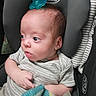 baby, infant, car_seat, graco, pacifier, striped_clothing, onesie, face, child, young, cute, indoor, seat, head_support, expression, small_hands, blanket, blue_pacifier, closeup, portrait