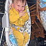 Arlo is registered to the contest to win money with this photo: baby, yellow_outfit, baby_rocker, elephant_pattern, smiling, indoor, carpet, wooden_chair, baby_toys, happy, child, person, cozy, home, infant, clothing, seat, cute, hands, face