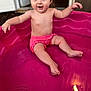 baby, barefoot, child, cute, daylight, fun, happy, joy, outdoor, pink, play, pool, shorts, sitting, skin, smiling, splashing, summer, toddler, water