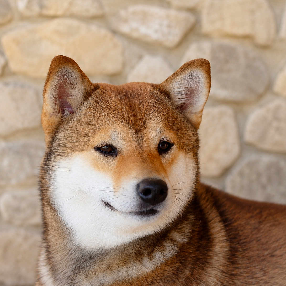 Yumi a rejoint le concours — aidez-le/la à gagner de superbes lots ! dog, shiba_inu, pet, animal, fur, ears, face, smile, portrait, close_up, canine, outdoor, stone_wall, brown, white, cute, friendly, mammal, domestic_animal, companion