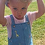 Kyra joined the competition — help win amazing prizes! child, toddler, denim_overall, pink_shirt, hat, grass, outdoor, sunlight, water_bottle, cute, serious_expression, animal_patch, giraffe_patch, flamingo_patch, summer, playing, person, nature, daylight, portrait