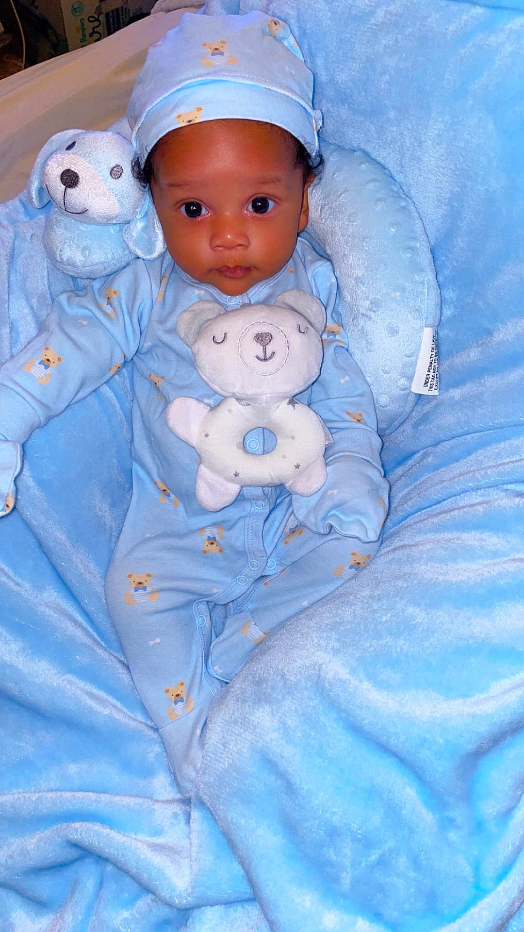 Klover joined the competition — help win amazing prizes! baby, blue_blanket, blue_onesie, teddy_bear, plush_toy, infant, child, cute, soft_texture, hat, sleepwear, lying_down, indoors, comfort, cozy, face, portrait, small_toy, sleeping_aid, baby_hat