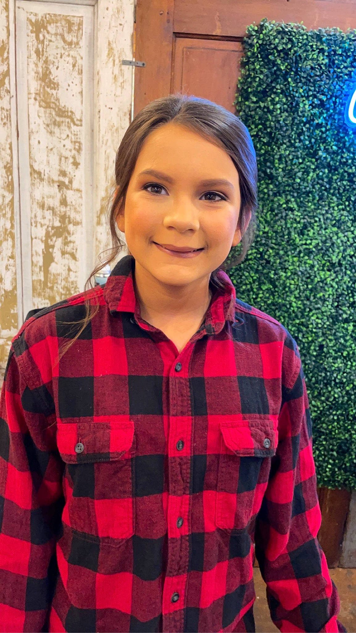 Brilynn is registered to the contest to win money with this photo: beauty, chin, collar, cool, dress_shirt, electric_blue, event, hair, happy, head, joy, magenta, neck, pattern, person, plaid, plant, red, sleeve, smile
