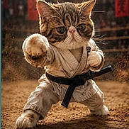 Abou a rejoint le concours — aidez-le/la à gagner de superbes lots ! cat, karate_gi, black_belt, martial_arts, dust, action_pose, feline, animal, training, dojo, clothing, fur, whiskers, paws, focused, combat, cute, sport, determined, arena