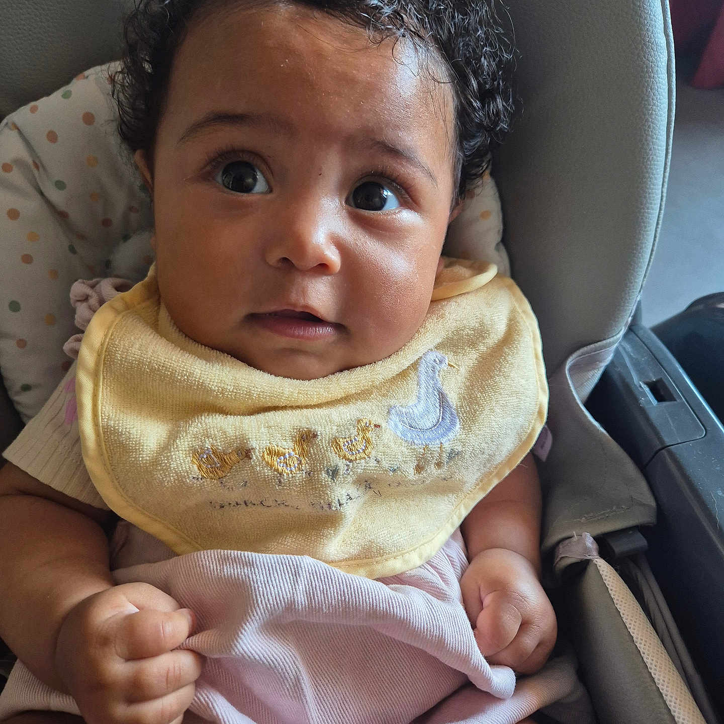 Iris a rejoint le concours — aidez-le/la à gagner de superbes lots ! baby, bib, blanket, car_seat, child, clothing, comfort, curly_hair, cute, expression, eyes, face, hands, indoors, infant, person, portrait, seat, sitting, skin