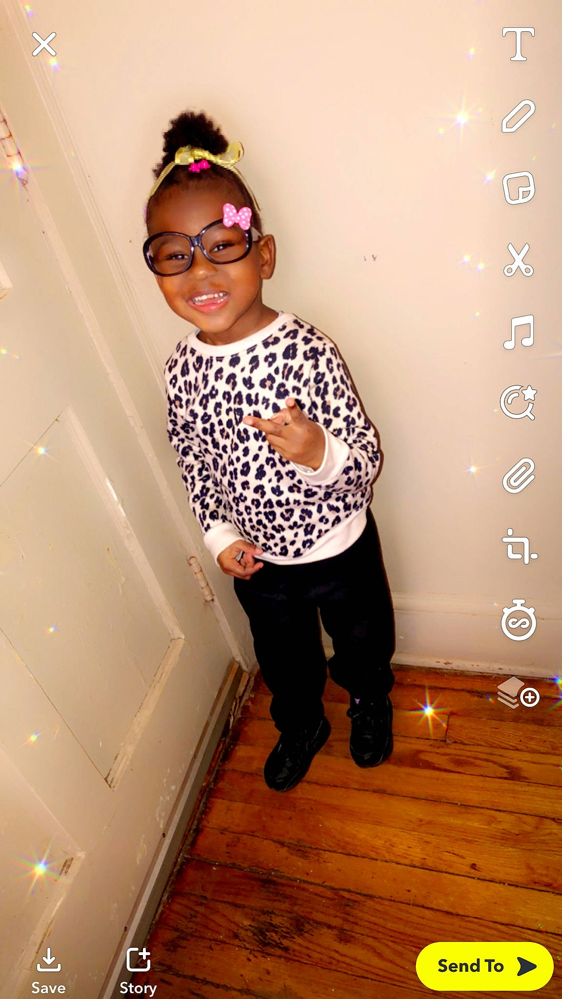 Kaylee joined the competition — help win amazing prizes! baby_toddler_clothing, child, eyewear, fashion_design, flooring, fun, happy, hardwood, joy, knee, magenta, pattern, person, product, room, sleeve, smile, sunglasses, t_shirt, toddler