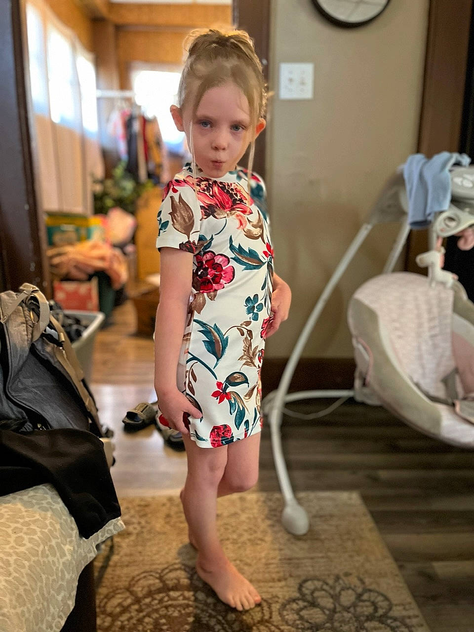 Honisty joined the competition — help win amazing prizes! bag, barefoot, child, clock, event, fashion_design, flooring, foot, fun, hairstyle, human_leg, joint, luggage_and_bags, one_piece_garment, pattern, person, room, sandal, sitting, toddler