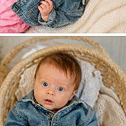 Emmylia participe au concours pour gagner de l'argent avec cette photo : baby, denim_jacket, pink_clothing, blanket, basket, portrait, infant, cute, wide_eyes, cozy, indoor, child, soft_texture, knit_blanket, curious, seated, laying_down, face, newborn, casual_clothing