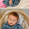 baby, denim_jacket, pink_clothing, blanket, basket, portrait, infant, cute, wide_eyes, cozy, indoor, child, soft_texture, knit_blanket, curious, seated, laying_down, face, newborn, casual_clothing