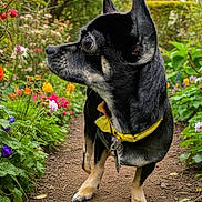 Molly is registered to the contest to win money with this photo: dog, small_dog, black_dog, yellow_collar, garden_path, flowers, greenery, outdoor, nature, plants, curious, pet, animal, walking, summer, spring, closeup, side_view, canine, colorful_flowers