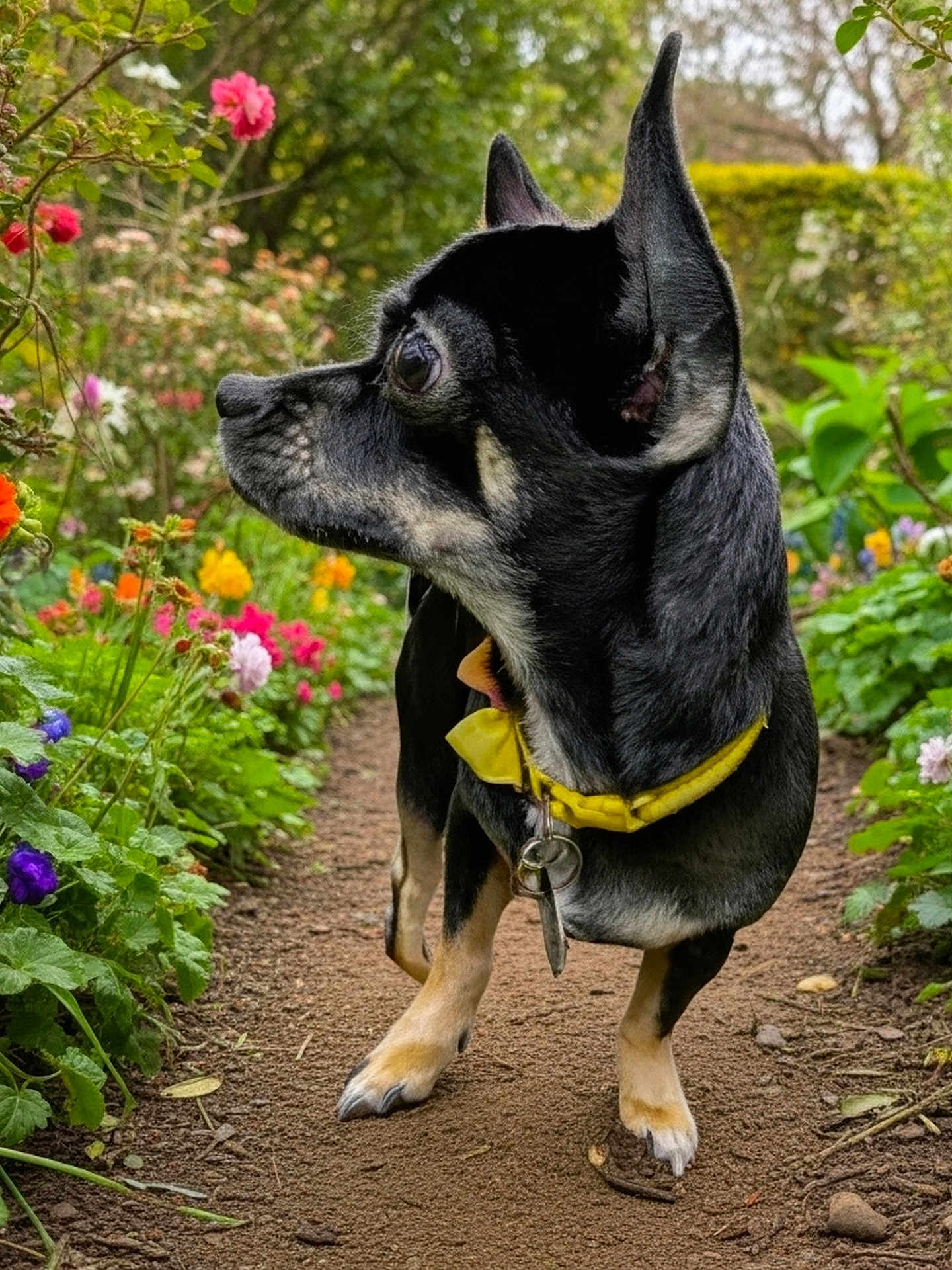 Molly is registered to the contest to win money with this photo: dog, small_dog, black_dog, yellow_collar, garden_path, flowers, greenery, outdoor, nature, plants, curious, pet, animal, walking, summer, spring, closeup, side_view, canine, colorful_flowers