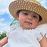 baby, child, clouds, cute, face, floral_embroidery, greenery, happy, hat, headwear, innocent, nature, outdoor, person, portrait, sky, straw_hat, summer, toddler, white_dress