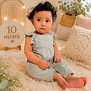 Fiorella is registered to the contest to win money with this photo: adorable, baby, child, cozy, curly_hair, cute, decor, fairy_lights, floor, fluffy_rug, greenery, indoor, mint_outfit, pillows, plant, portrait, sign, sitting, soft_lighting, young_child