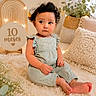 adorable, baby, child, cozy, curly_hair, cute, decor, fairy_lights, floor, fluffy_rug, greenery, indoor, mint_outfit, pillows, plant, portrait, sign, sitting, soft_lighting, young_child
